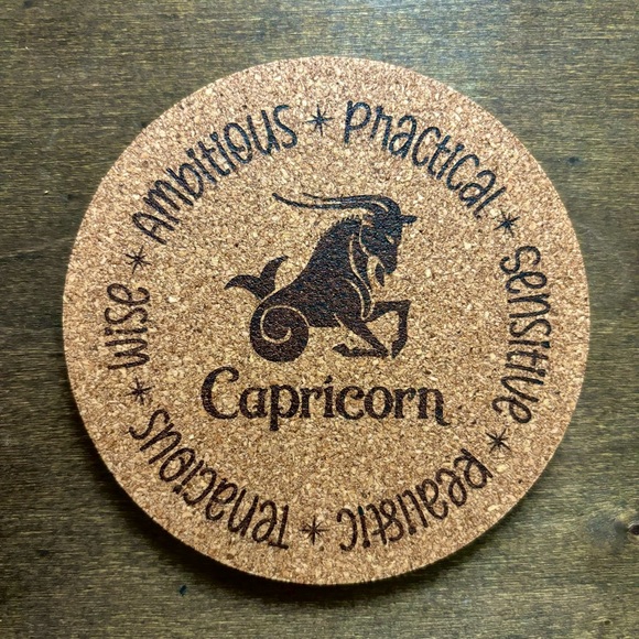 Capricorn Zodiac Sign Encircled Laser Engraved Cork Coaster - Picture 1 of 5